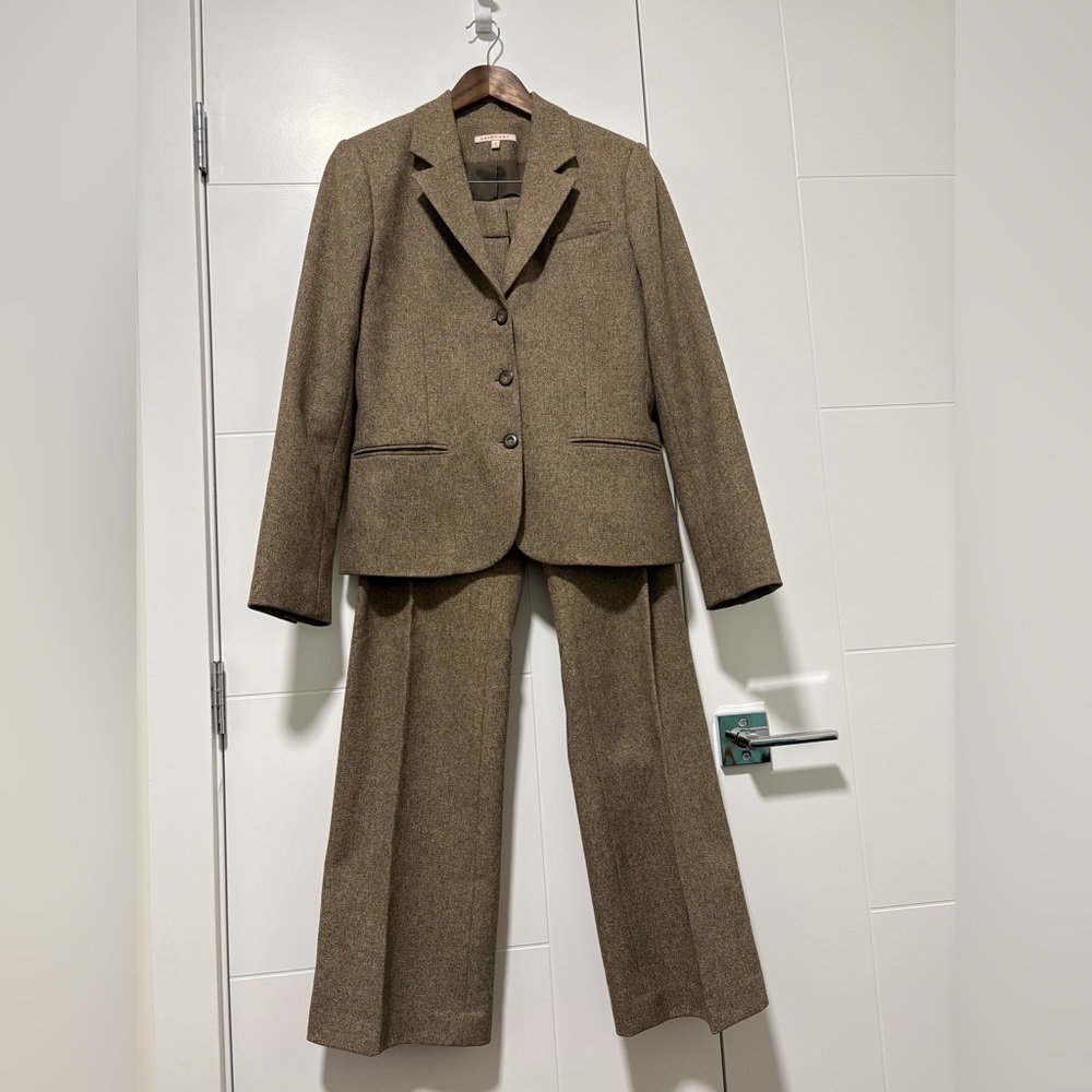 Wool Blend Brown Women's Pantsuit Jacket & Wide-Leg Trousers